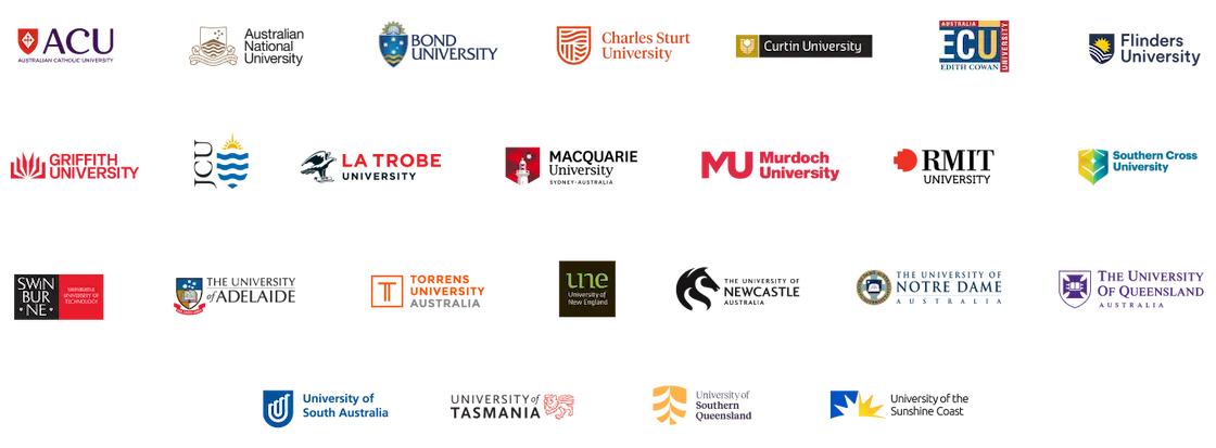 The logos of all the universities that are a part of Open Universities Australia's marketplace as of January 2024