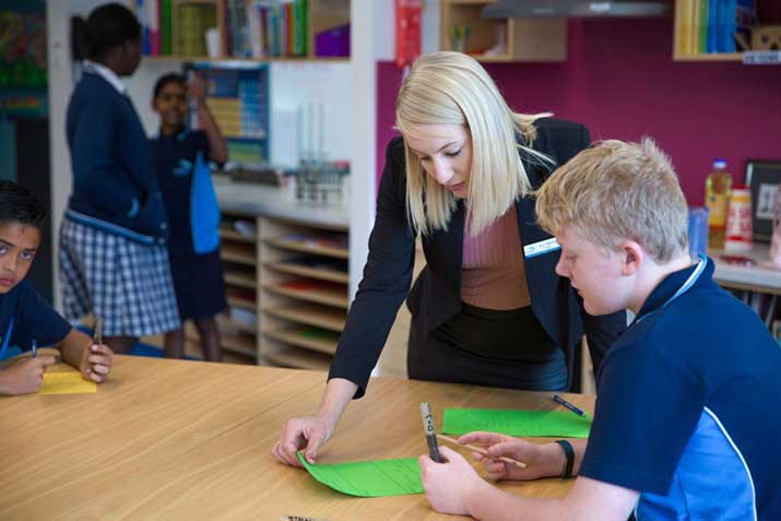 Education student Alison in her classroom teaching young students