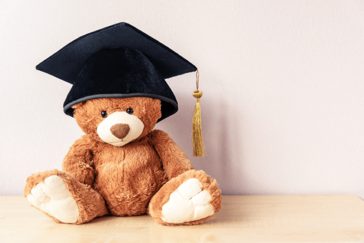 A teddy bear wearing a graduation cap