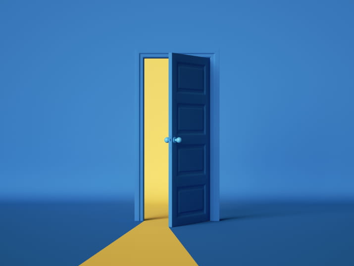 An open door leading towards a light, on a blue background