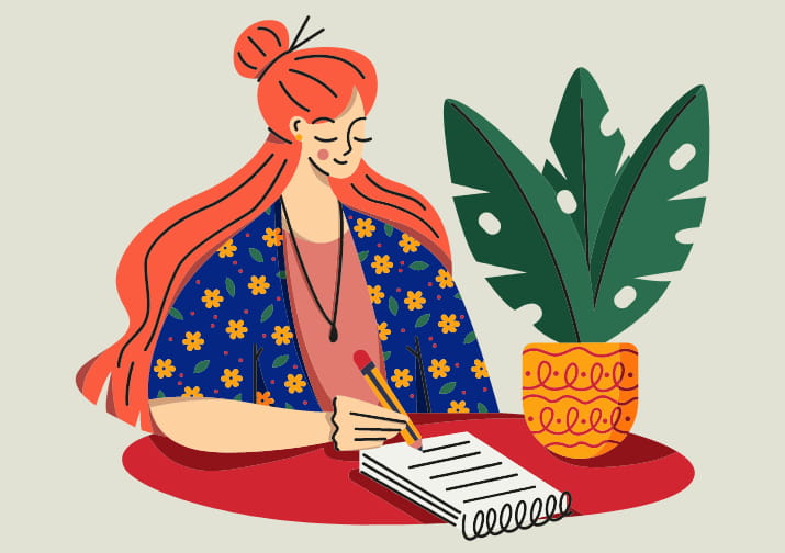 Quirky illustration of a redheaded woman writing at a desk