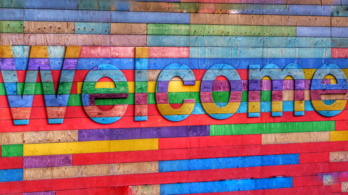 A bright and colourful welcome sign
