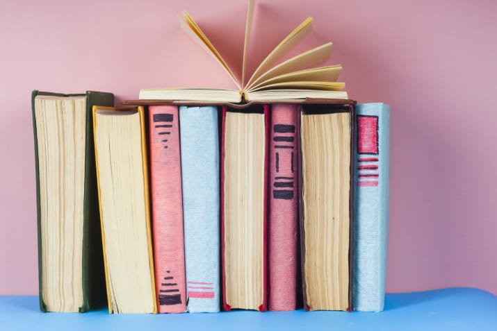 A row of book spines in front of a pink wall