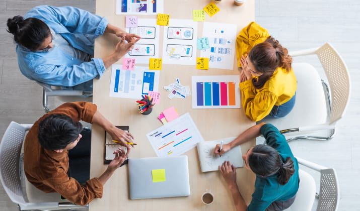 A group of people brainstorming a software application concept