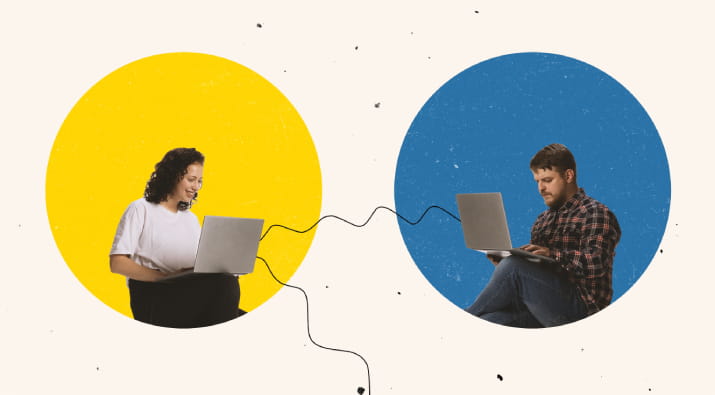 A woman and a man sitting with their laptops inside colourful bubbles
