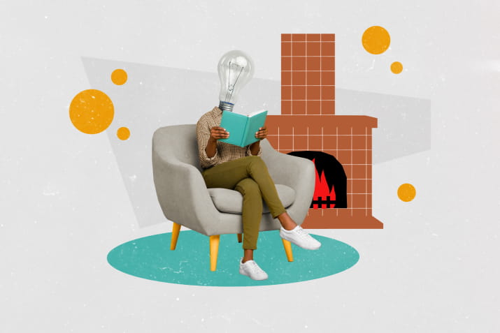 An abstract graphic featuring a person with a light bulb for a head reading a book