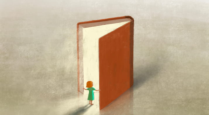 Illustrated child opening big book