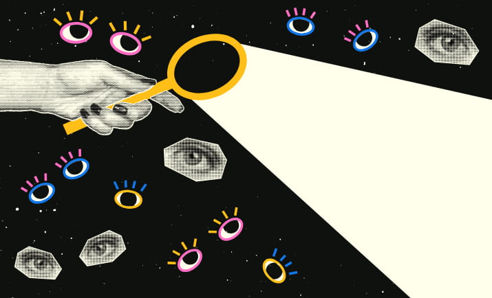 An illustration of a hand holding a magnifying glass surrounded by cut-out eyes