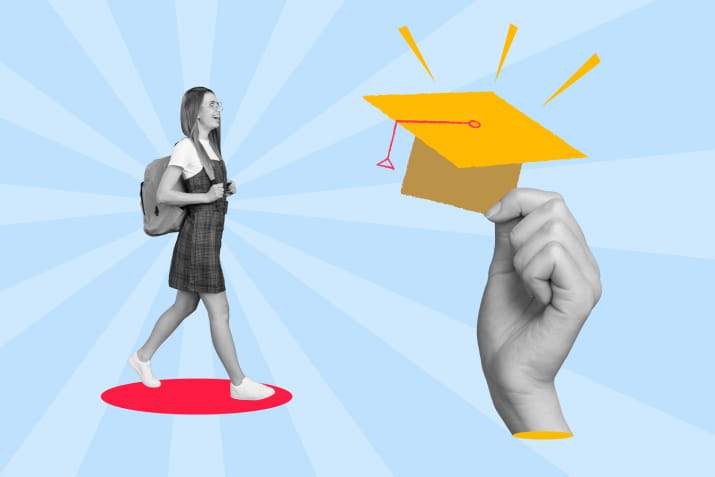 3D art of a schoolgirl walking towards a graduation cap