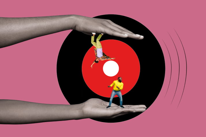 A collage featuring two men dancing on top of outstretched hands with a spinning record in the background