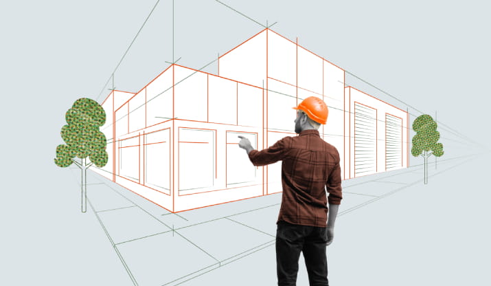 3D art of an architect gesturing to a house plan