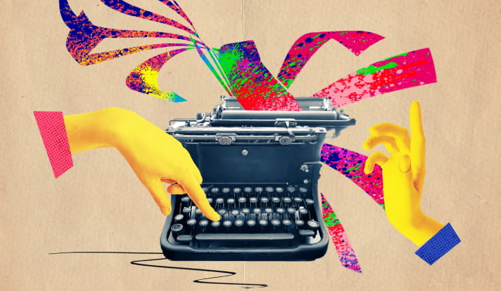 Pop art of hands typing on a typewriter