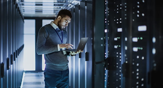 Man in data centre Cyber security