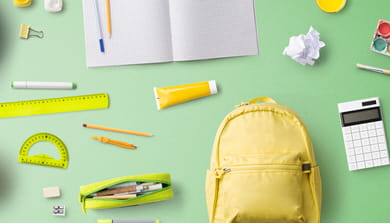 Study tools including notepad, ruler, calculator, protractor, and backpack.